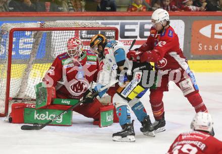 Eishockey ICE Bundesliga. KAC gegen Linz. Sebastian Dahm, Thimo Nickl  (KAC), Shawn St-Amant (Linz). Klagenfurt, am 23.3.2025
Foto: Kuess
---
pressefotos, pressefotografie, kuess, qs, qspictures, sport, bild, bilder, bilddatenbank