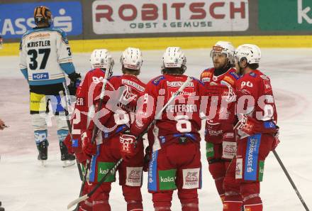 Eishockey ICE Bundesliga. KAC gegen Linz. Torjubel David Maier, Thimo Nickl, Nicholas Eric Petersen, Daniel Obersteiner, Matthew Fraser   (KAC). . Klagenfurt, am 23.3.2025
Foto: Kuess
---
pressefotos, pressefotografie, kuess, qs, qspictures, sport, bild, bilder, bilddatenbank