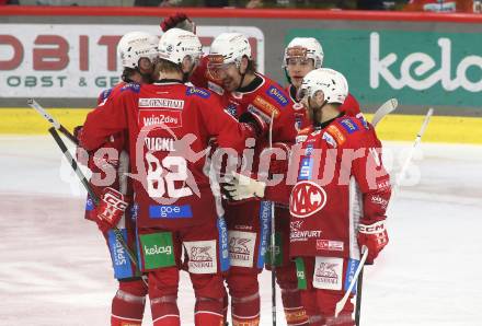 Eishockey ICE Bundesliga. KAC gegen Linz. Torjubel Thimo Nickl, Jesper Jensen Aabo, Kevin Paul Clark, Nicholas Eric Petersen, Finn Van Ee  (KAC). Klagenfurt, am 23.3.2025
Foto: Kuess
---
pressefotos, pressefotografie, kuess, qs, qspictures, sport, bild, bilder, bilddatenbank