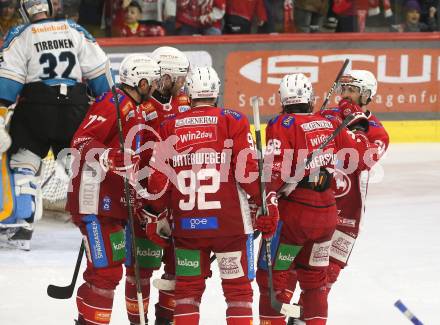 Eishockey ICE Bundesliga. KAC gegen Linz. Torjubel Daniel Obersteiner, Thomas Hundertpfund , Mathias From, Clemens Unterweger, Kevin Paul Clark (KAC) . Klagenfurt, am 23.3.2025
Foto: Kuess
---
pressefotos, pressefotografie, kuess, qs, qspictures, sport, bild, bilder, bilddatenbank