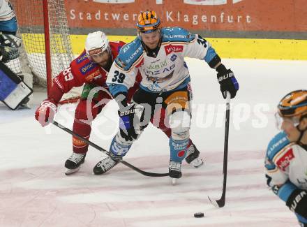 Eishockey ICE Bundesliga. KAC gegen Linz. Raphael Herburger  (KAC), Ian Christopher Scheid (Linz). Klagenfurt, am 23.3.2025
Foto: Kuess
---
pressefotos, pressefotografie, kuess, qs, qspictures, sport, bild, bilder, bilddatenbank
