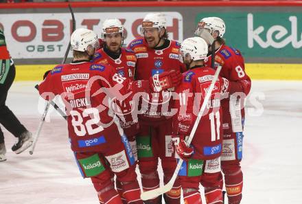 Eishockey ICE Bundesliga. KAC gegen Linz. Torjubel Thimo Nickl, Jesper Jensen Aabo, Kevin Paul Clark, Nicholas Eric Petersen, Finn Van Ee  (KAC). Klagenfurt, am 23.3.2025
Foto: Kuess
---
pressefotos, pressefotografie, kuess, qs, qspictures, sport, bild, bilder, bilddatenbank