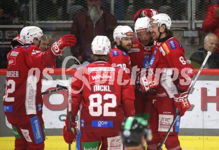 Eishockey ICE Bundesliga. KAC gegen Linz. Torjubel  Clemens Unterweger, Thimo Nickl, Daniel Obersteiner, Matthew Fraser, Nicholas Eric Petersen   (KAC). . Klagenfurt, am 23.3.2025
Foto: Kuess
---
pressefotos, pressefotografie, kuess, qs, qspictures, sport, bild, bilder, bilddatenbank