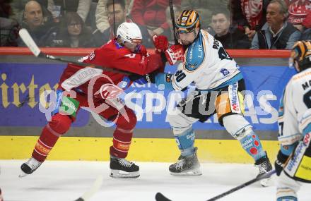 Eishockey ICE Bundesliga. KAC gegen Linz. Raphael Herburger  (KAC), Julian Pusnik  (Linz). . Klagenfurt, am 23.3.2025
Foto: Kuess
---
pressefotos, pressefotografie, kuess, qs, qspictures, sport, bild, bilder, bilddatenbank