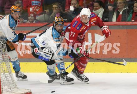 Eishockey ICE Bundesliga. KAC gegen Linz. Mathias From   (KAC), Julian Pusnik (Linz). . Klagenfurt, am 23.3.2025
Foto: Kuess
---
pressefotos, pressefotografie, kuess, qs, qspictures, sport, bild, bilder, bilddatenbank