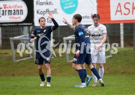 Fussball. Kaerntner Liga. Velden gegen Koettmannsdorf.  Torjubel Tom Zurga, Lukas Lausegger, Nicolas Manuel Modritz  (Velden),    Velden, 29.3.2025
Foto: Kuess
---
pressefotos, pressefotografie, kuess, qs, qspictures, sport, bild, bilder, bilddatenbank