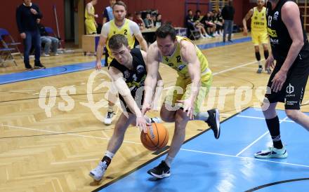 Basketball 2. Liga 2024/2025. Playoffs. VF3.   Woerthersee Piraten gegen Mattersburg Rocks.    Jan-Arne Apschner (Piraten),  Nikolaus Bugnyar  (Mattersburg Rocks). Klagenfurt, am 29.3.2025.
Foto: Kuess


---
pressefotos, pressefotografie, kuess, qs, qspictures, sport, bild, bilder, bilddatenbank