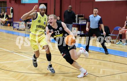 Basketball 2. Liga 2024/2025. Playoffs. VF3.   Woerthersee Piraten gegen Mattersburg Rocks.    Shawn L. Ray  (Piraten),  Asdren Drew Koka  (Mattersburg Rocks). Klagenfurt, am 29.3.2025.
Foto: Kuess


---
pressefotos, pressefotografie, kuess, qs, qspictures, sport, bild, bilder, bilddatenbank