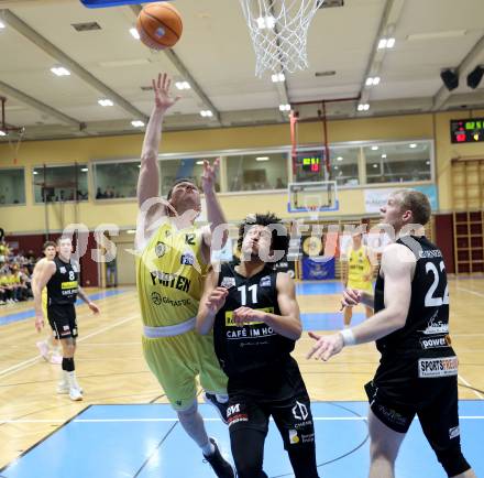 Basketball 2. Liga 2024/2025. Playoffs. VF3.   Woerthersee Piraten gegen Mattersburg Rocks.    Jan-Arne Apschner (Piraten),  Yann Grandperret  (Mattersburg Rocks). Klagenfurt, am 29.3.2025.
Foto: Kuess


---
pressefotos, pressefotografie, kuess, qs, qspictures, sport, bild, bilder, bilddatenbank