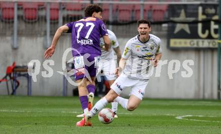 Fussball Bundesliga. SK Austria Klagenfurt gegen Altach.  Ben Bobzien (Klagenfurt) Benedikt Zech  (Altach). Klagenfurt, am 5.4.2025.
Foto: Kuess
---
pressefotos, pressefotografie, kuess, qs, qspictures, sport, bild, bilder, bilddatenbank