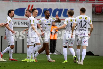 Fussball Bundesliga. SK Austria Klagenfurt gegen Altach.  Torjubel Suliman-Marlon Mustapha  (Altach). Klagenfurt, am 5.4.2025.
Foto: Kuess
---
pressefotos, pressefotografie, kuess, qs, qspictures, sport, bild, bilder, bilddatenbank