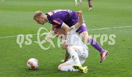 Fussball Bundesliga. SK Austria Klagenfurt gegen Altach.  Christopher Cvetko (Klagenfurt) Mike Steven Baehre  (Altach). Klagenfurt, am 5.4.2025.
Foto: Kuess
---
pressefotos, pressefotografie, kuess, qs, qspictures, sport, bild, bilder, bilddatenbank