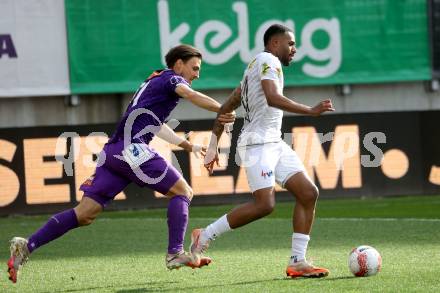 Fussball Bundesliga. SK Austria Klagenfurt gegen Altach.  Thorsten Mahrer (Klagenfurt) Suliman-Marion Mustapha  (Altach). Klagenfurt, am 5.4.2025.
Foto: Kuess
---
pressefotos, pressefotografie, kuess, qs, qspictures, sport, bild, bilder, bilddatenbank