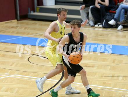 Basketball 2. Liga 2024/2025. Playoffs. SF2.   Woerthersee Piraten gegen RAIDERS Tirol     Elvis Keric (Piraten),   Tim-Joel Deschner (Tirol). Klagenfurt, am 4.5.2025.
Foto: Kuess


---
pressefotos, pressefotografie, kuess, qs, qspictures, sport, bild, bilder, bilddatenbank