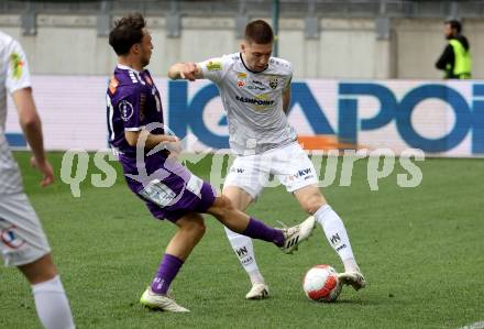 Fussball Bundesliga. SK Austria Klagenfurt gegen Altach.  Simon Straudi (Klagenfurt) Leonardo Lukacevic (Altach). Klagenfurt, am 5.4.2025.
Foto: Kuess
---
pressefotos, pressefotografie, kuess, qs, qspictures, sport, bild, bilder, bilddatenbank