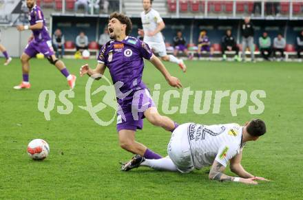 Fussball Bundesliga. SK Austria Klagenfurt gegen Altach.  Ben Bobzien (Klagenfurt) Pascal Juan Estrada  (Altach). Klagenfurt, am 5.4.2025.
Foto: Kuess
---
pressefotos, pressefotografie, kuess, qs, qspictures, sport, bild, bilder, bilddatenbank