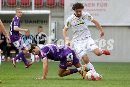 Fussball Bundesliga. SK Austria Klagenfurt gegen Altach.  Ben Bobzien (Klagenfurt) Vesel Demaku (Altach). Klagenfurt, am 5.4.2025.
Foto: Kuess
---
pressefotos, pressefotografie, kuess, qs, qspictures, sport, bild, bilder, bilddatenbank