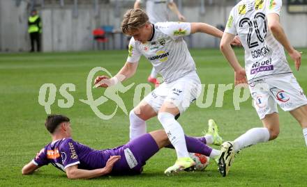 Fussball Bundesliga. SK Austria Klagenfurt gegen Altach.  David Toshevski  (Klagenfurt) Paul Friedrich Koller  (Altach). Klagenfurt, am 5.4.2025.
Foto: Kuess
---
pressefotos, pressefotografie, kuess, qs, qspictures, sport, bild, bilder, bilddatenbank