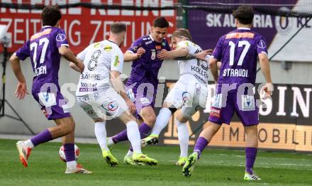 Fussball Bundesliga. SK Austria Klagenfurt gegen Altach.  David Toshevski (Klagenfurt) Mike Steven Baehre, Paul Friedrich Koller   (Altach). Klagenfurt, am 5.4.2025.
Foto: Kuess
---
pressefotos, pressefotografie, kuess, qs, qspictures, sport, bild, bilder, bilddatenbank