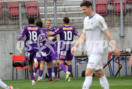 Fussball Bundesliga. SK Austria Klagenfurt gegen Altach.  Torjubel Christopher Brian Cvetko (Klagenfurt),  Klagenfurt, am 5.4.2025.
Foto: Kuess
---
pressefotos, pressefotografie, kuess, qs, qspictures, sport, bild, bilder, bilddatenbank