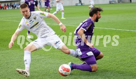 Fussball Bundesliga. SK Austria Klagenfurt gegen Altach.  Kosmas Gkezos (Klagenfurt) Leonardo Lukacevic (Altach). Klagenfurt, am 5.4.2025.
Foto: Kuess
---
pressefotos, pressefotografie, kuess, qs, qspictures, sport, bild, bilder, bilddatenbank