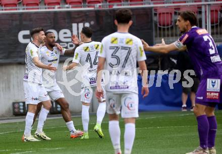 Fussball Bundesliga. SK Austria Klagenfurt gegen Altach.  Torjubel Suliman-Marlon Mustapha  (Altach). Klagenfurt, am 5.4.2025.
Foto: Kuess
---
pressefotos, pressefotografie, kuess, qs, qspictures, sport, bild, bilder, bilddatenbank