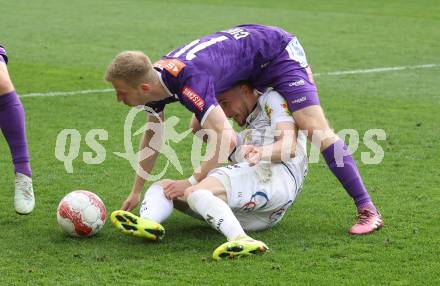 Fussball Bundesliga. SK Austria Klagenfurt gegen Altach.  Christopher Cvetko (Klagenfurt) Mike Steven Baehre  (Altach). Klagenfurt, am 5.4.2025.
Foto: Kuess
---
pressefotos, pressefotografie, kuess, qs, qspictures, sport, bild, bilder, bilddatenbank