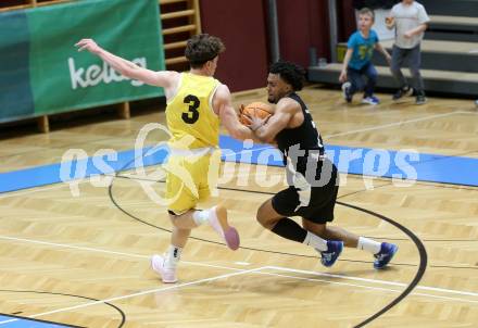 Basketball 2. Liga 2024/2025. Playoffs. SF2.   Woerthersee Piraten gegen RAIDERS Tirol    Lukas Simoner (Piraten),  Steven Kaltenbrunner  (Tirol). Klagenfurt, am 4.5.2025.
Foto: Kuess


---
pressefotos, pressefotografie, kuess, qs, qspictures, sport, bild, bilder, bilddatenbank
