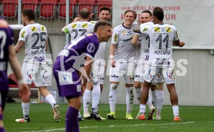 Fussball Bundesliga. SK Austria Klagenfurt gegen Altach.  Torjubel Paul-Friedrich Koller, Lukas Fridrikas,  (Altach). Klagenfurt, am 5.4.2025.
Foto: Kuess
---
pressefotos, pressefotografie, kuess, qs, qspictures, sport, bild, bilder, bilddatenbank