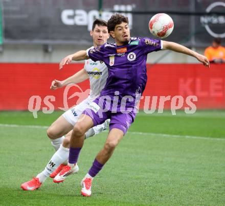 Fussball Bundesliga. SK Austria Klagenfurt gegen Altach.  Ben Bobzien (Klagenfurt) Benedikt Zech  (Altach). Klagenfurt, am 5.4.2025.
Foto: Kuess
---
pressefotos, pressefotografie, kuess, qs, qspictures, sport, bild, bilder, bilddatenbank