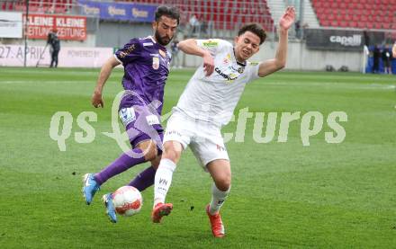 Fussball Bundesliga. SK Austria Klagenfurt gegen Altach.  Kosmas Gkezos (Klagenfurt) Dijon Kameri   (Altach). Klagenfurt, am 5.4.2025.
Foto: Kuess
---
pressefotos, pressefotografie, kuess, qs, qspictures, sport, bild, bilder, bilddatenbank