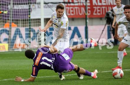 Fussball Bundesliga. SK Austria Klagenfurt gegen Altach.  Keanan Bennetts  (Klagenfurt) Sandro Ingolitsch (Altach). Klagenfurt, am 5.4.2025.
Foto: Kuess
---
pressefotos, pressefotografie, kuess, qs, qspictures, sport, bild, bilder, bilddatenbank