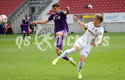 Fussball Bundesliga. SK Austria Klagenfurt gegen Altach.  David Toshevski (Klagenfurt) Paul Friedrich Koller (Altach). Klagenfurt, am 5.4.2025.
Foto: Kuess
---
pressefotos, pressefotografie, kuess, qs, qspictures, sport, bild, bilder, bilddatenbank