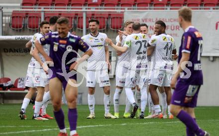 Fussball Bundesliga. SK Austria Klagenfurt gegen Altach.  Torjubel Paul-Friedrich Koller, Lukas Fridrikas,  (Altach). Klagenfurt, am 5.4.2025.
Foto: Kuess
---
pressefotos, pressefotografie, kuess, qs, qspictures, sport, bild, bilder, bilddatenbank