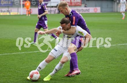Fussball Bundesliga. SK Austria Klagenfurt gegen Altach.  Christopher Cvetko (Klagenfurt) Mike Steven Baehre  (Altach). Klagenfurt, am 5.4.2025.
Foto: Kuess
---
pressefotos, pressefotografie, kuess, qs, qspictures, sport, bild, bilder, bilddatenbank