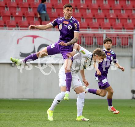 Fussball Bundesliga. SK Austria Klagenfurt gegen Altach. David Toshevski  (Klagenfurt). Paul Friedrich Koller  (Altach). Klagenfurt, am 5.4.2025.
Foto: Kuess
---
pressefotos, pressefotografie, kuess, qs, qspictures, sport, bild, bilder, bilddatenbank