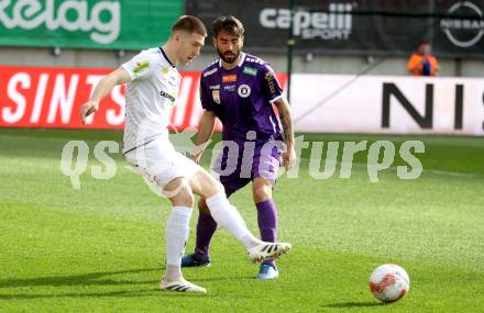 Fussball Bundesliga. SK Austria Klagenfurt gegen Altach. Kosmas Gkezos  (Klagenfurt). Leonardo Lukacevic (Altach). Klagenfurt, am 5.4.2025.
Foto: Kuess
---
pressefotos, pressefotografie, kuess, qs, qspictures, sport, bild, bilder, bilddatenbank