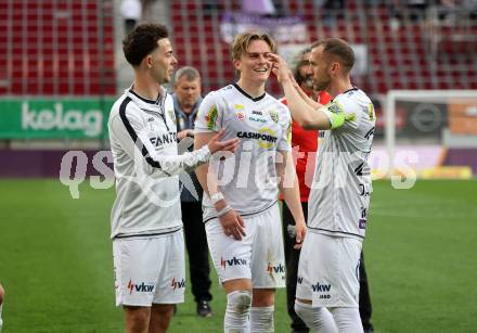 Fussball Bundesliga. SK Austria Klagenfurt gegen Altach.  Jubel Paul-Friedrich Koller, Lukas Jaeger (Altach). Klagenfurt, am 5.4.2025.
Foto: Kuess
---
pressefotos, pressefotografie, kuess, qs, qspictures, sport, bild, bilder, bilddatenbank