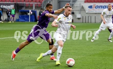 Fussball Bundesliga. SK Austria Klagenfurt gegen Altach.  Keanan Bennetts (Klagenfurt) Mike Steven Baehre  (Altach). Klagenfurt, am 5.4.2025.
Foto: Kuess
---
pressefotos, pressefotografie, kuess, qs, qspictures, sport, bild, bilder, bilddatenbank