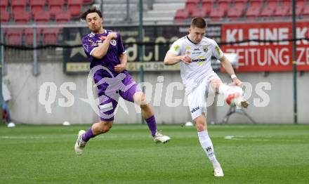 Fussball Bundesliga. SK Austria Klagenfurt gegen Altach. Simon Straudi  (Klagenfurt).Leonardo Lukacevic (Altach). Klagenfurt, am 5.4.2025.
Foto: Kuess
---
pressefotos, pressefotografie, kuess, qs, qspictures, sport, bild, bilder, bilddatenbank