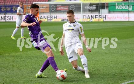 Fussball Bundesliga. SK Austria Klagenfurt gegen Altach. David Toshevski  (Klagenfurt). Leonardo Lukacevic (Altach). Klagenfurt, am 5.4.2025.
Foto: Kuess
---
pressefotos, pressefotografie, kuess, qs, qspictures, sport, bild, bilder, bilddatenbank