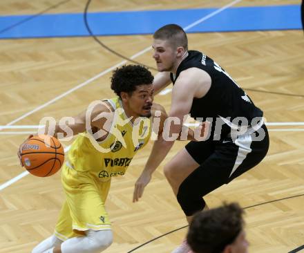 Basketball 2. Liga 2024/2025. Playoffs. VF3.   Woerthersee Piraten gegen RAIDERS Tirol    Marcus Holyfield (Piraten),  Moritz Hoelzer  (Tirol). Klagenfurt, am 19.4.2025.
Foto: Kuess


---
pressefotos, pressefotografie, kuess, qs, qspictures, sport, bild, bilder, bilddatenbank
