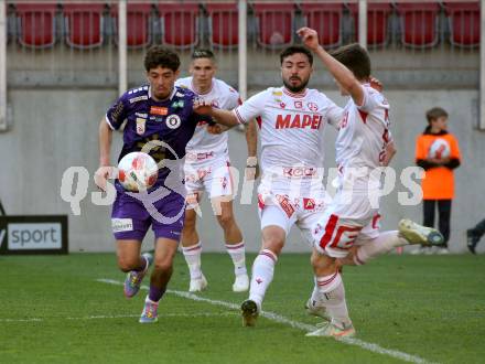 Fussball Bundesliga. SK Austria Klagenfurt gegen GAK.  Ben Justus Bobzien (Klagenfurt),  Jacob Michael Italiano (GAK). Klagenfurt, am 19.4.2025.
Foto: Kuess
www.qspictures.net
---
pressefotos, pressefotografie, kuess, qs, qspictures, sport, bild, bilder, bilddatenbank