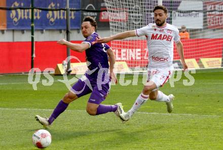 Fussball Bundesliga. SK Austria Klagenfurt gegen GAK. Simon Straudi  (Klagenfurt), Jacob Michael Italiano (GAK). Klagenfurt, am 19.4.2025.
Foto: Kuess
---
pressefotos, pressefotografie, kuess, qs, qspictures, sport, bild, bilder, bilddatenbank