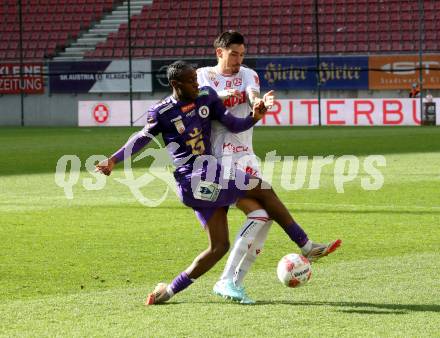 Fussball Bundesliga. SK Austria Klagenfurt gegen GAK.  Dikeni-Rafid Salifou (Klagenfurt),  Antonio Tikvic (GAK). Klagenfurt, am 19.4.2025.
Foto: Kuess
www.qspictures.net
---
pressefotos, pressefotografie, kuess, qs, qspictures, sport, bild, bilder, bilddatenbank
