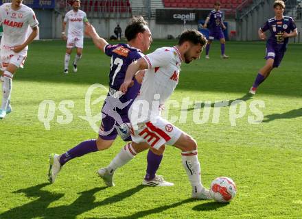 Fussball Bundesliga. SK Austria Klagenfurt gegen GAK.  Ben Justus Bobzien (Klagenfurt), Jacob Michael Italiano  (GAK). Klagenfurt, am 19.4.2025.
Foto: Kuess
www.qspictures.net
---
pressefotos, pressefotografie, kuess, qs, qspictures, sport, bild, bilder, bilddatenbank