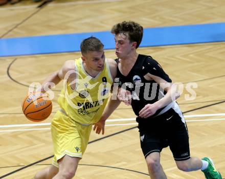 Basketball 2. Liga 2024/2025. Playoffs. VF3.   Woerthersee Piraten gegen RAIDERS Tirol    Elvis Keric (Piraten),  Tim-Joel Deschner  (Tirol). Klagenfurt, am 19.4.2025.
Foto: Kuess


---
pressefotos, pressefotografie, kuess, qs, qspictures, sport, bild, bilder, bilddatenbank