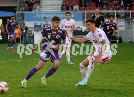 Fussball Bundesliga. SK Austria Klagenfurt gegen GAK.  David Toshevski (Klagenfurt),  Antonio Tikvic (GAK). Klagenfurt, am 19.4.2025.
Foto: Kuess
www.qspictures.net
---
pressefotos, pressefotografie, kuess, qs, qspictures, sport, bild, bilder, bilddatenbank