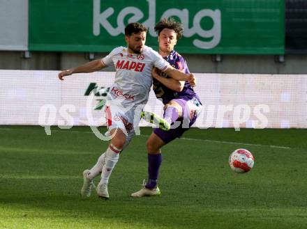 Fussball Bundesliga. SK Austria Klagenfurt gegen GAK.  Simon Straudi (Klagenfurt),  Jacob Michael Italiano (GAK). Klagenfurt, am 19.4.2025.
Foto: Kuess
www.qspictures.net
---
pressefotos, pressefotografie, kuess, qs, qspictures, sport, bild, bilder, bilddatenbank