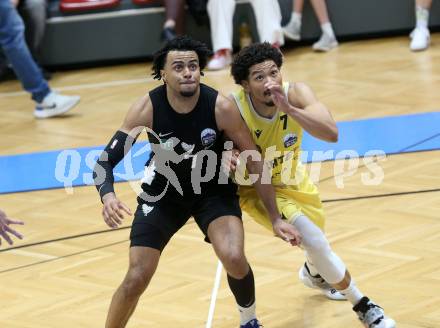Basketball 2. Liga 2024/2025. Playoffs. VF3.   Woerthersee Piraten gegen RAIDERS Tirol    Marcus Holyfield  (Piraten),  Steven Kaltenbrunner,  (Tirol). Klagenfurt, am 19.4.2025.
Foto: Kuess


---
pressefotos, pressefotografie, kuess, qs, qspictures, sport, bild, bilder, bilddatenbank